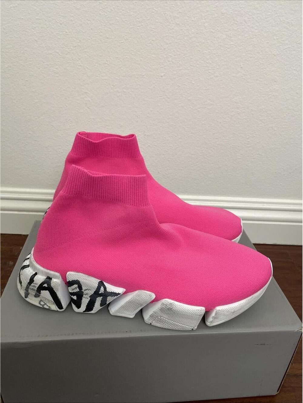 BALENCIAGA Speed 2.0 Graffiti Stretch-Knit High-Top Sneakers fluo pink size 10 - Picture 11 of 12